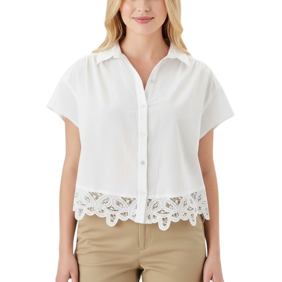 American Eagle White Lace Cutout Button Up Shirt Cotton Linen Women Small NWT - Picture 1 of 9